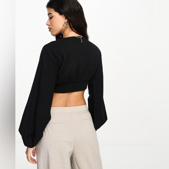 ASOS Linen Cotton Long Puff Sleeve Top Lace Up Black Deep V Front Y2K 4 S - Picture 11 of 12